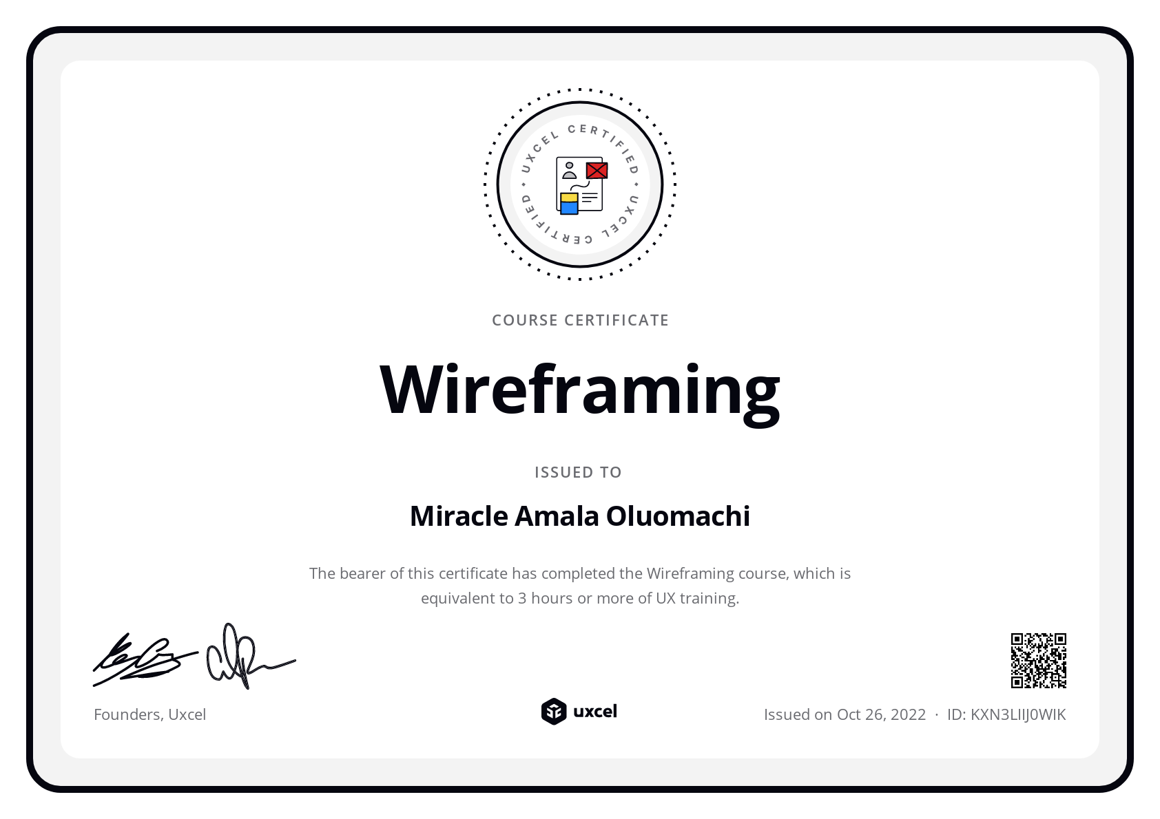 Miracle Amala Oluomachi's certificate